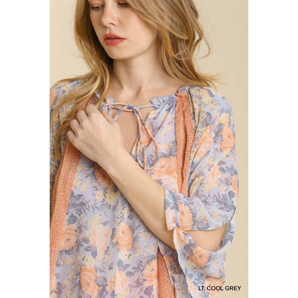 Umgee Floral Print Sheer Flowy Cape Top Peach Grey Front Tie Blouse Size Large L